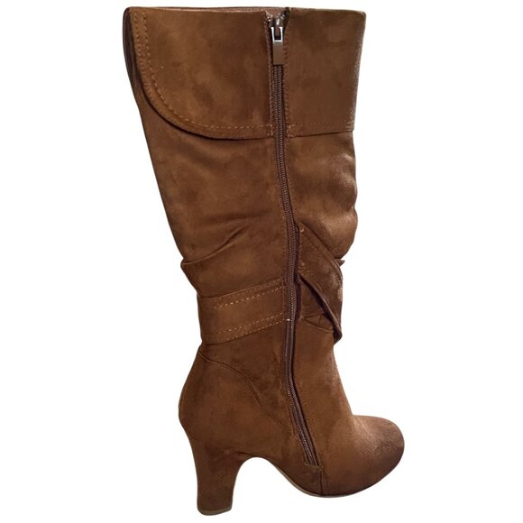 Metallic Studs Edgy Dual Buckles Slouch Knee High Suede Boot with Gold Hardware - Picture 2 of 7